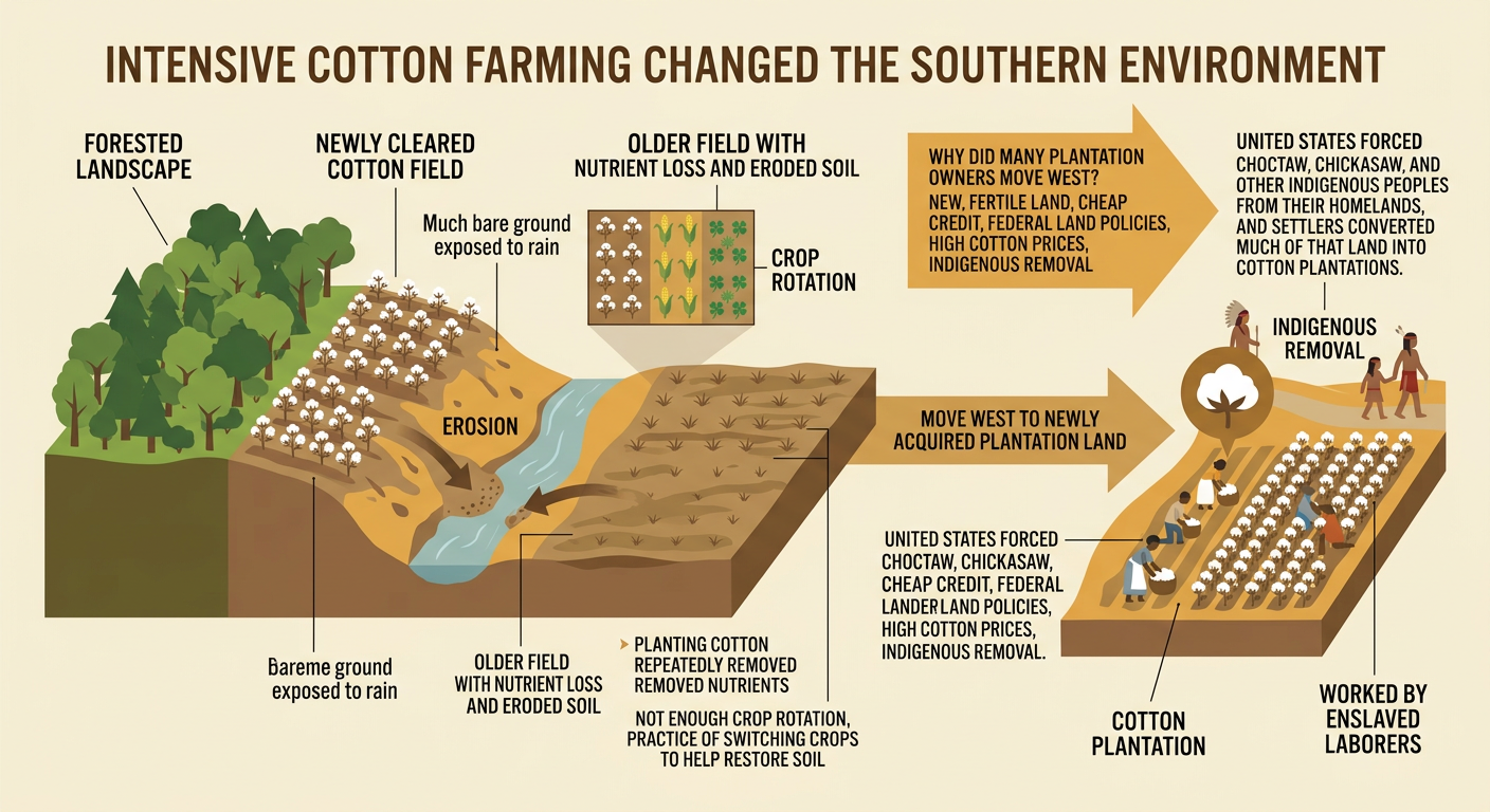 A Southern landscape contrasts healthy land using crop rotation with an eroded cotton plantation created after forest clearing and Indigenous removal.