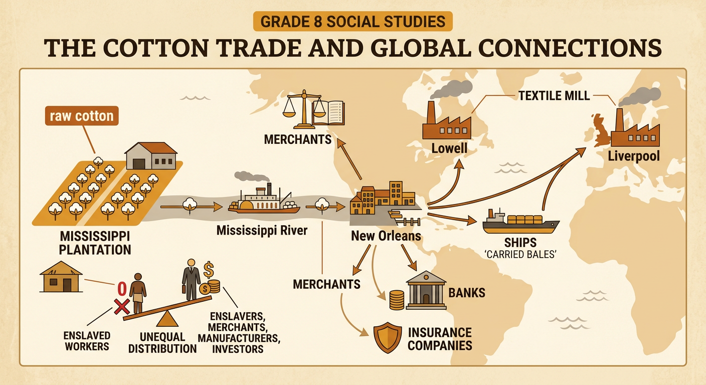 A trade route carries raw cotton down the Mississippi River through New Orleans and across the ocean to a textile mill.