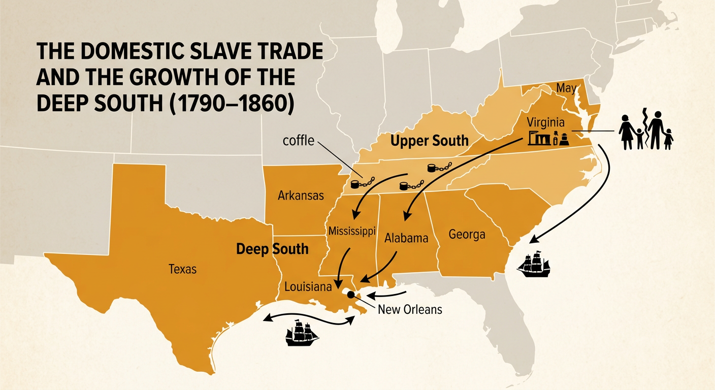 A map shows forced routes from the Upper South to the Deep South, including a coffle and the port of New Orleans.
