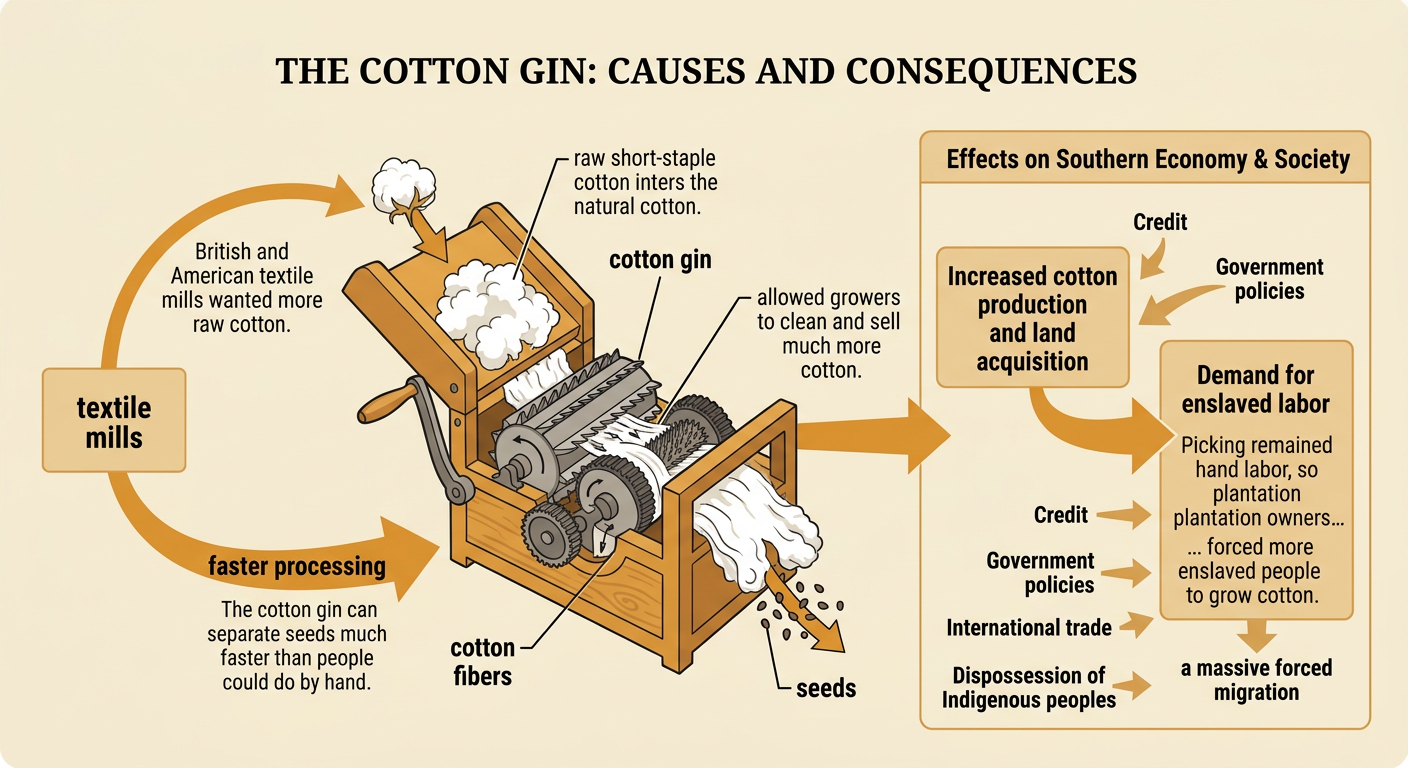 A labeled cotton gin separates white cotton fibers from dark seeds while distant textile mills demand more cotton.