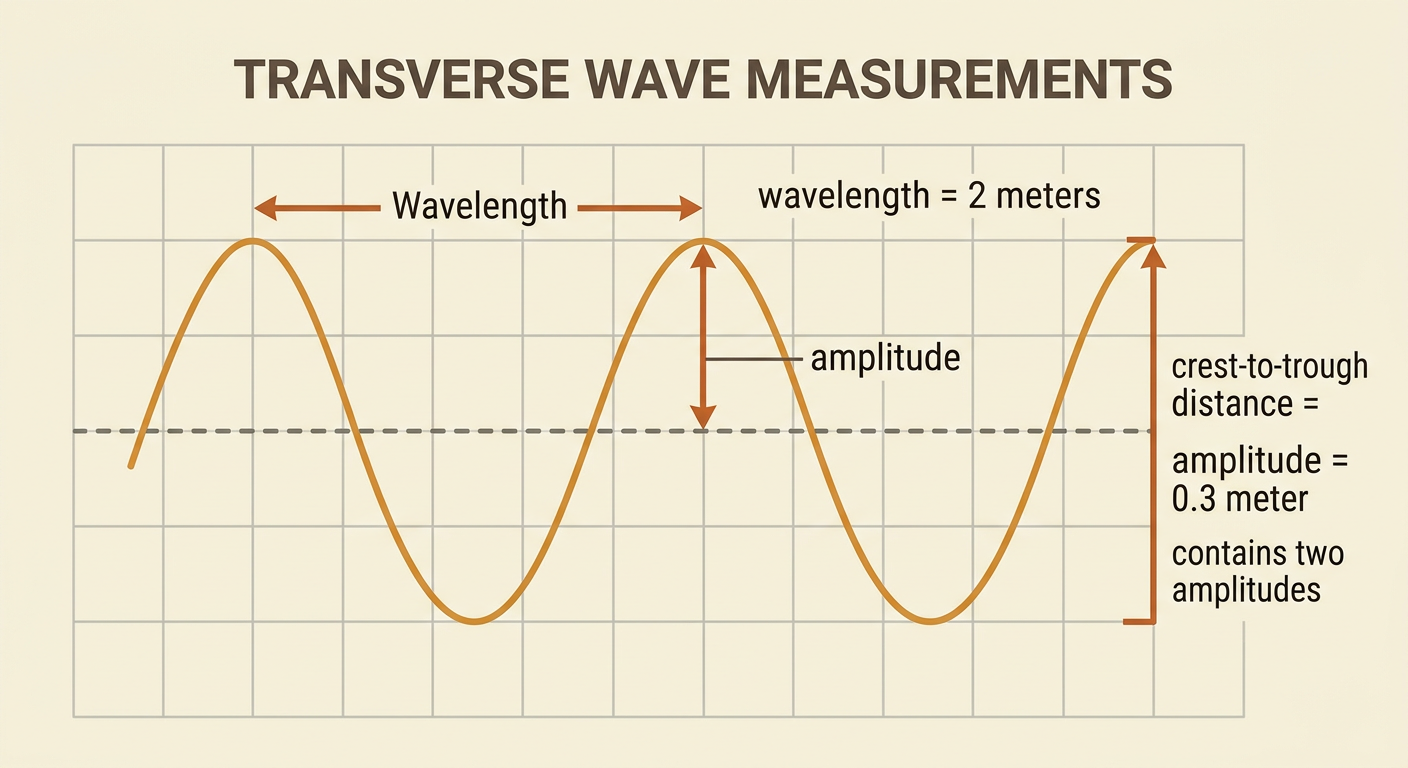 A wave diagram shows horizontal crest-to-crest distance and vertical equilibrium-to-crest distance with measurements.