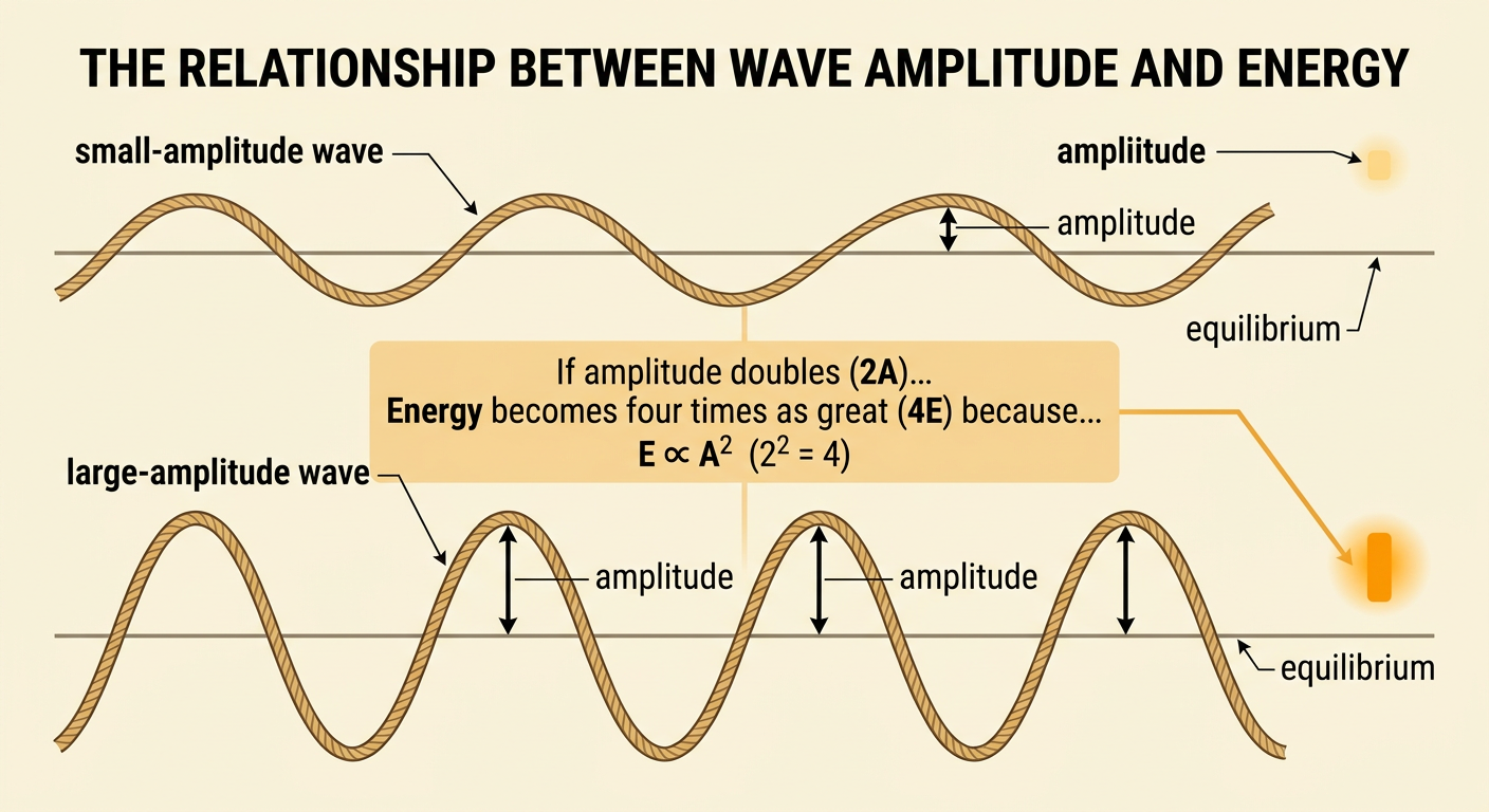 Two rope waves of different heights are compared beside a squared-amplitude energy relationship.