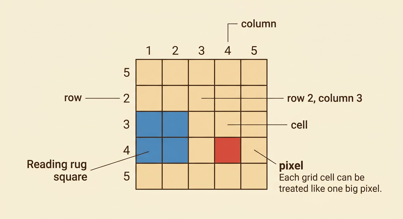 A numbered classroom grid shows four blue rug cells and one red table cell, with arrows identifying a row, a column, a cell, and a pixel.