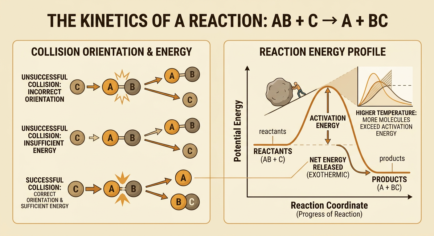 A molecular collision model shows C hitting opposite ends of AB beside an energy profile with a fixed barrier.