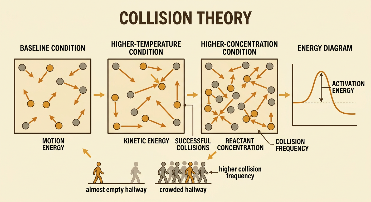 A particle diagram compares dilute and concentrated acid and shows faster particles crossing an activation-energy barrier.