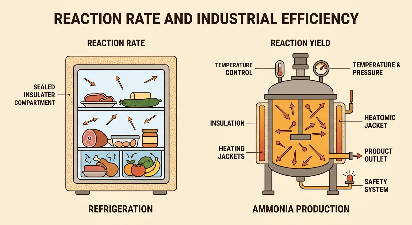 A split scene shows refrigerated food and a controlled ammonia plant beside a speed-versus-total-amount comparison.