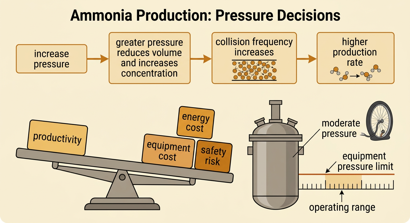 An ammonia plant diagram shows a moderately compressed reactor balanced against productivity, energy, equipment, and safety concerns.