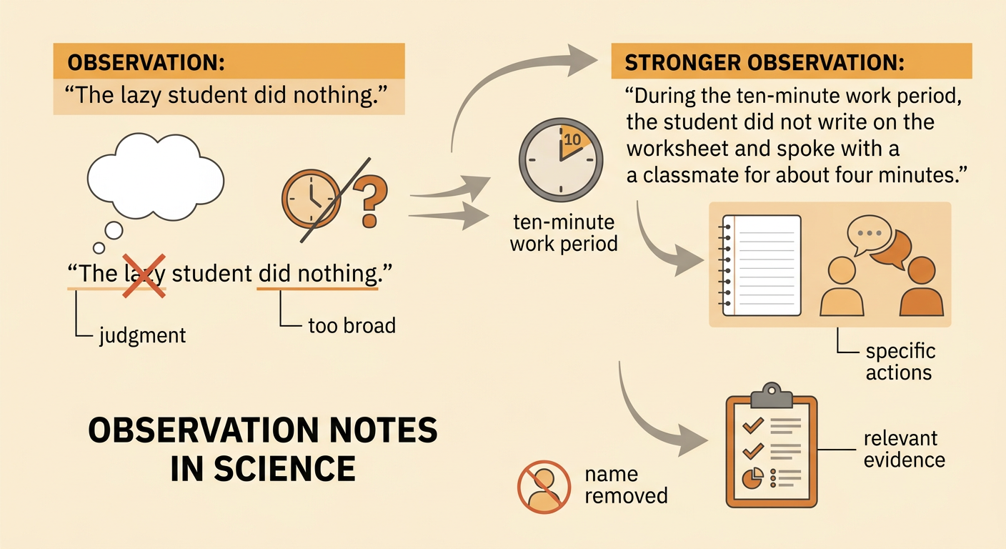 A note card shows an insulting generalization being replaced by timed, visible, and relevant actions.