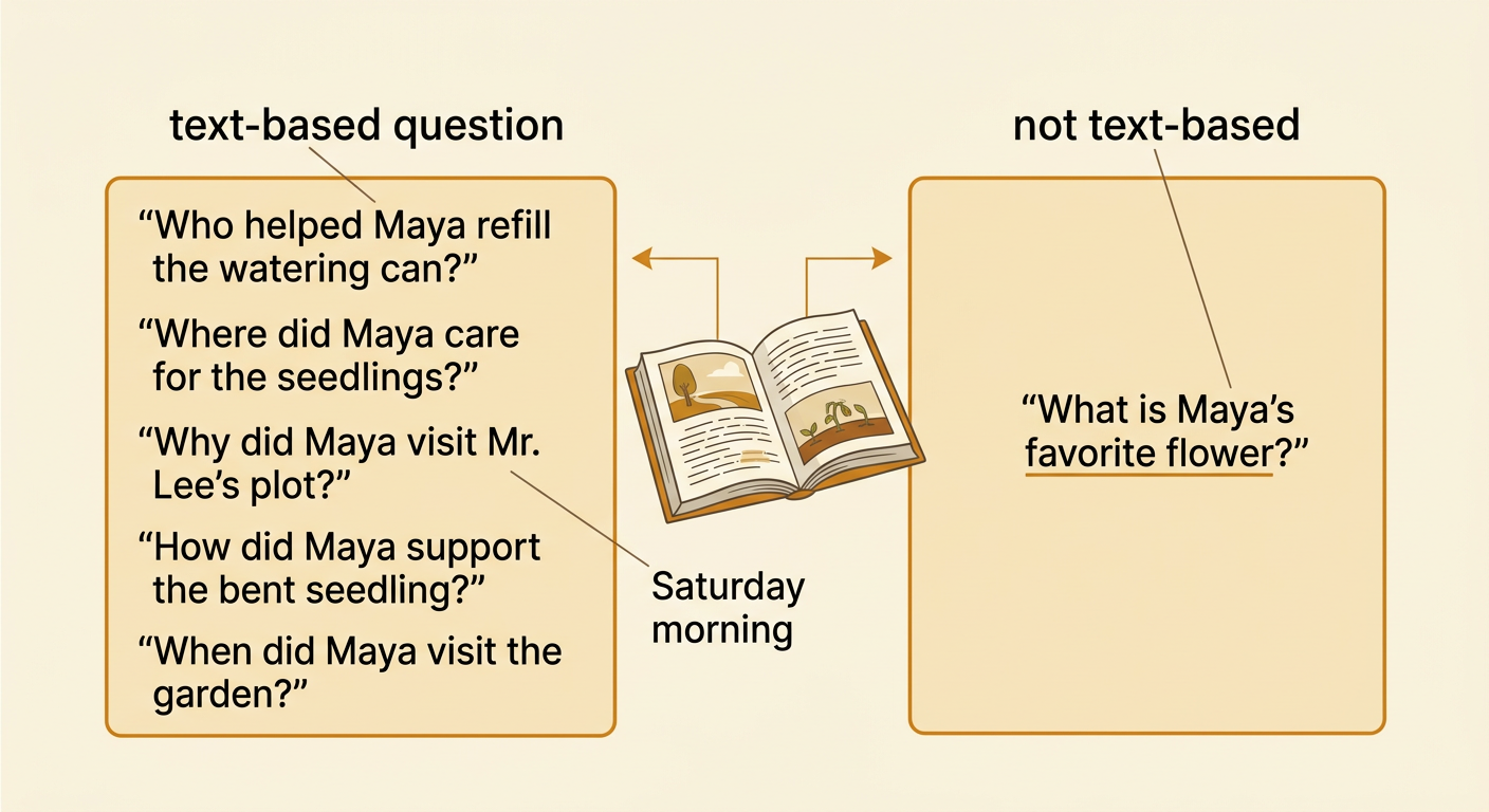 Two question cards about Maya’s story are sorted into text-based and not text-based groups.