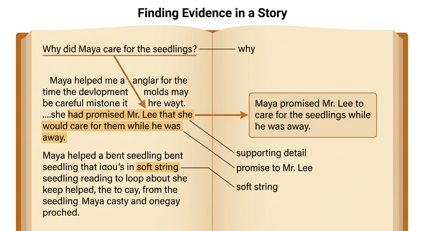 A question about Maya is connected by an arrow to the matching supporting detail in the story.