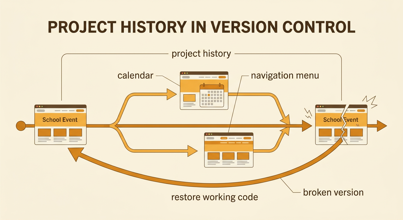 A school event website timeline shows separate calendar and navigation changes recorded in Git.