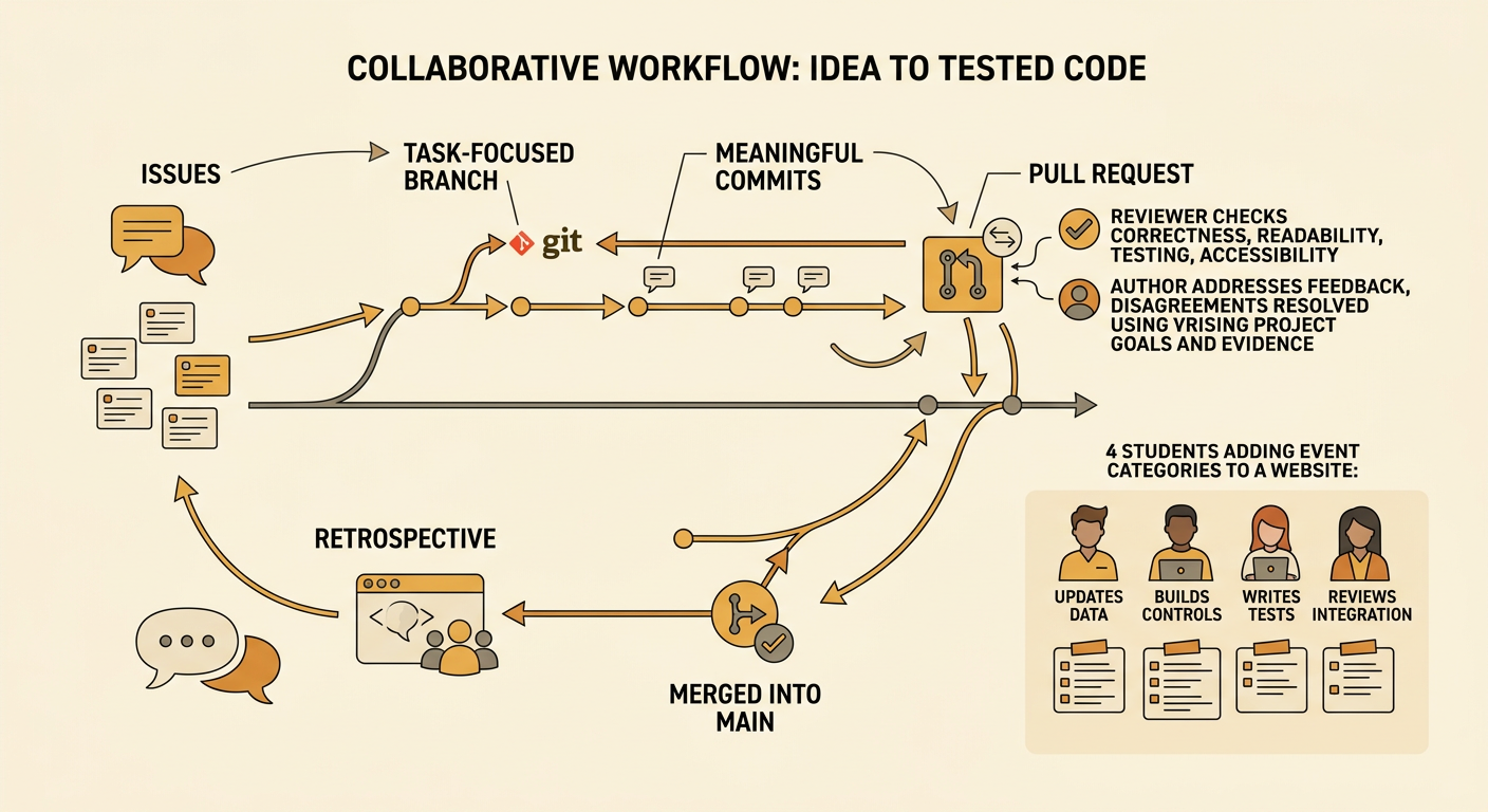 A team workflow carries small software issues through branches, commits, review, and a final merge into main.