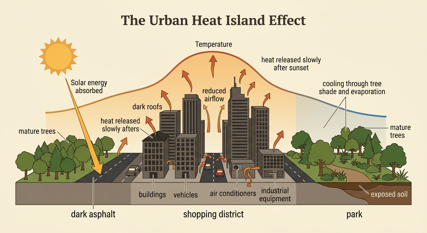 A nighttime comparison shows a paved shopping district holding heat beside a cooler park filled with large trees.