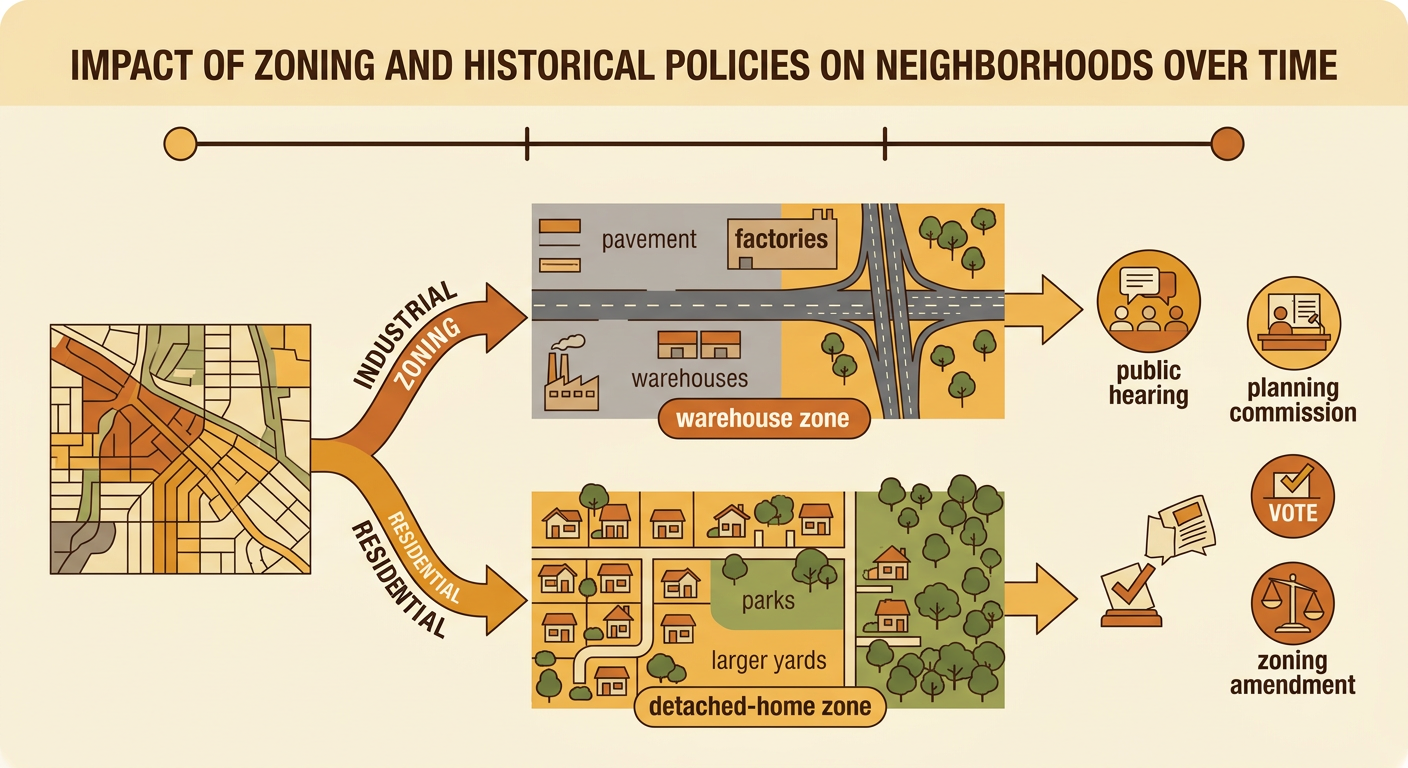 A city land-use map contrasts a paved warehouse district with a leafy detached-home district and shows routes for changing zoning.