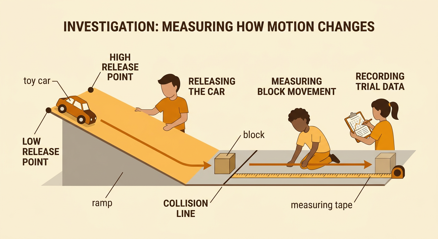A safe ramp test shows a toy car rolling toward a block at a marked line beside a measuring tape.