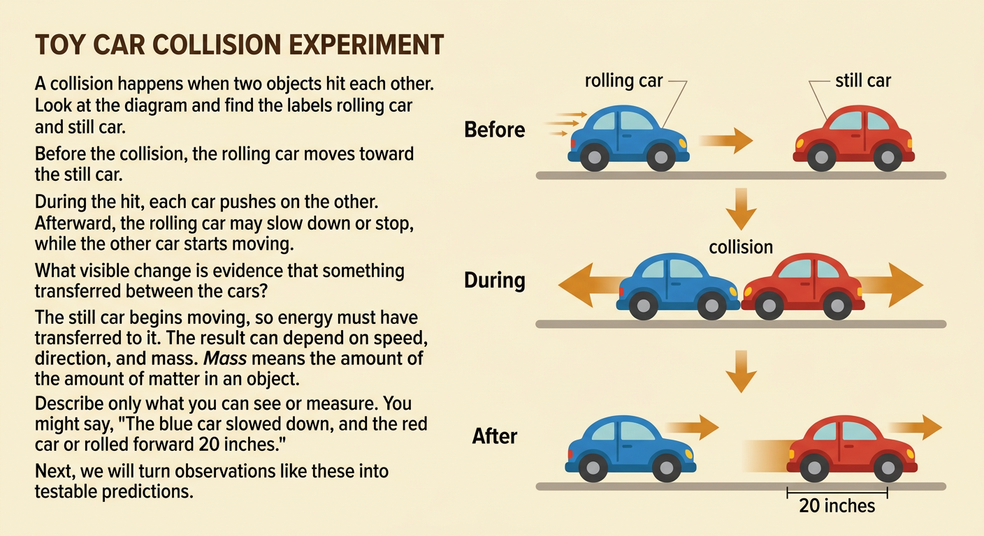 A three-step diagram shows a rolling toy car hitting a still toy car and making it move.