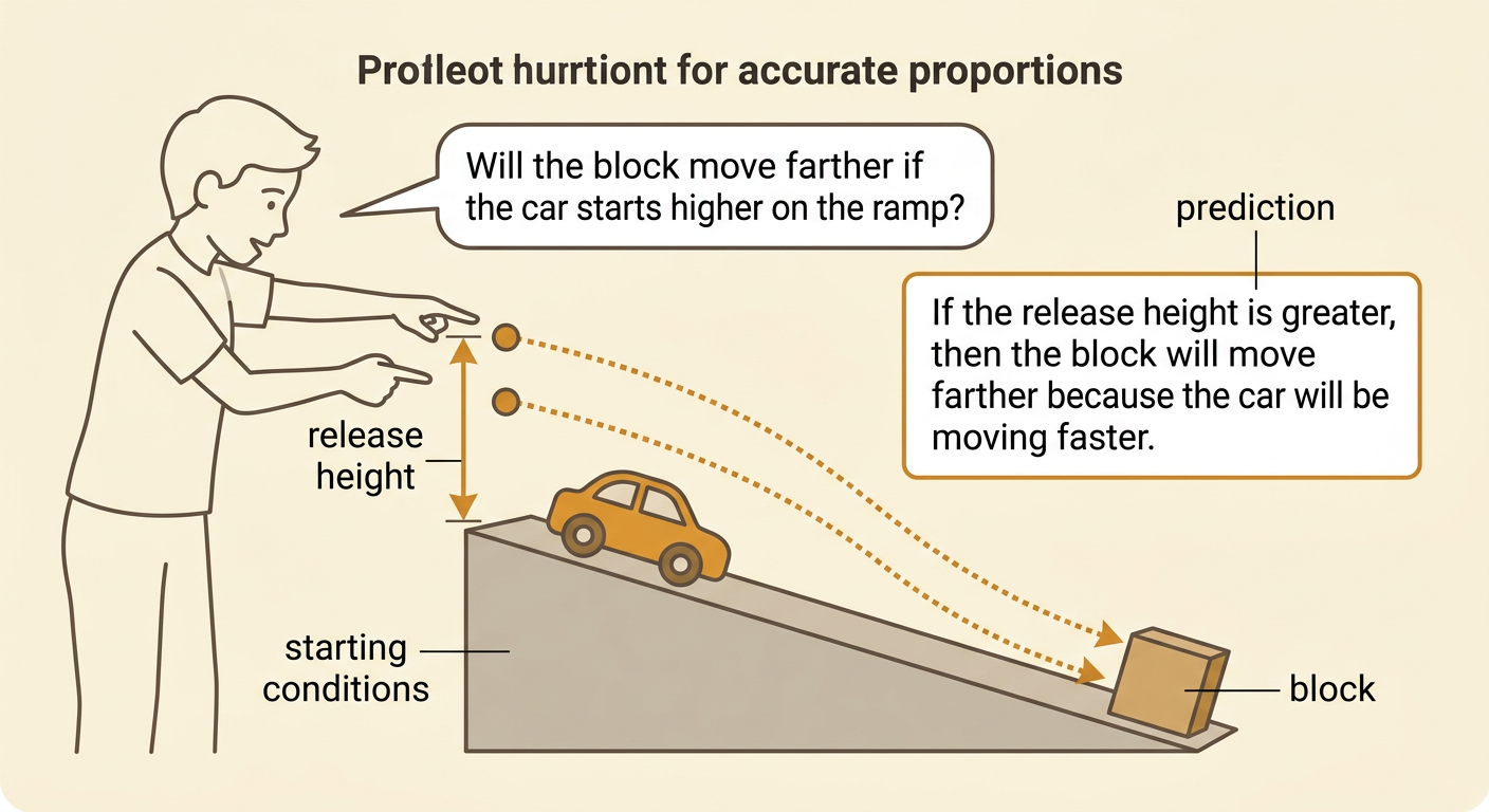 A toy car is shown at two release heights on a ramp with a prediction note beside it.
