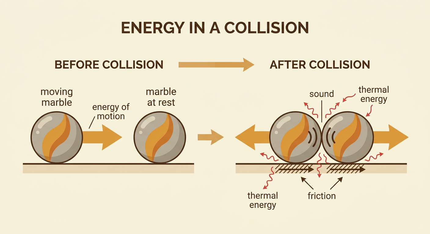 One moving marble strikes a marble at rest, causing the second marble to roll away while a click is shown.