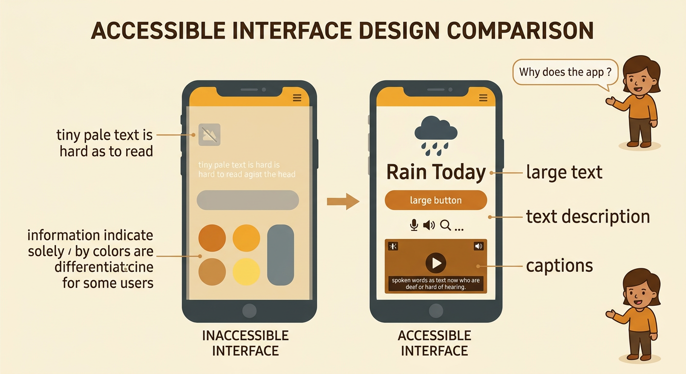 A phone displays an accessible rainy-weather screen with readable words, a rain symbol, a spoken image description, and a captioned video alert.