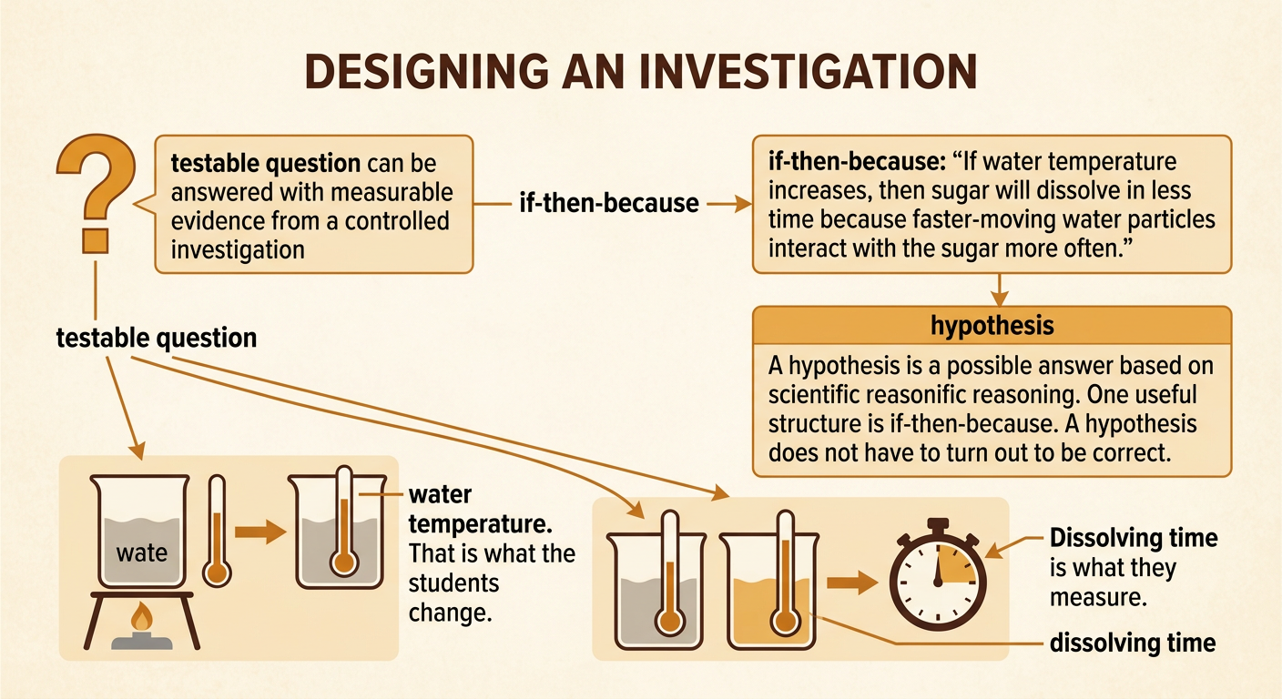 A student writes a measurable sugar investigation question and an if-then-because prediction beside warm and cool beakers.
