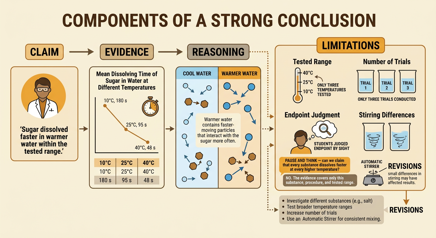 A claim-evidence-reasoning chart connects the graph results to particle motion while listing limits and possible revisions.