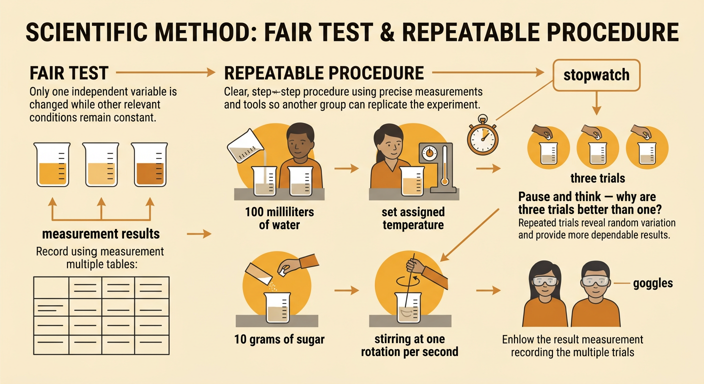 Goggled students follow a measured beaker procedure with a stopwatch and three trial spaces on a data sheet.