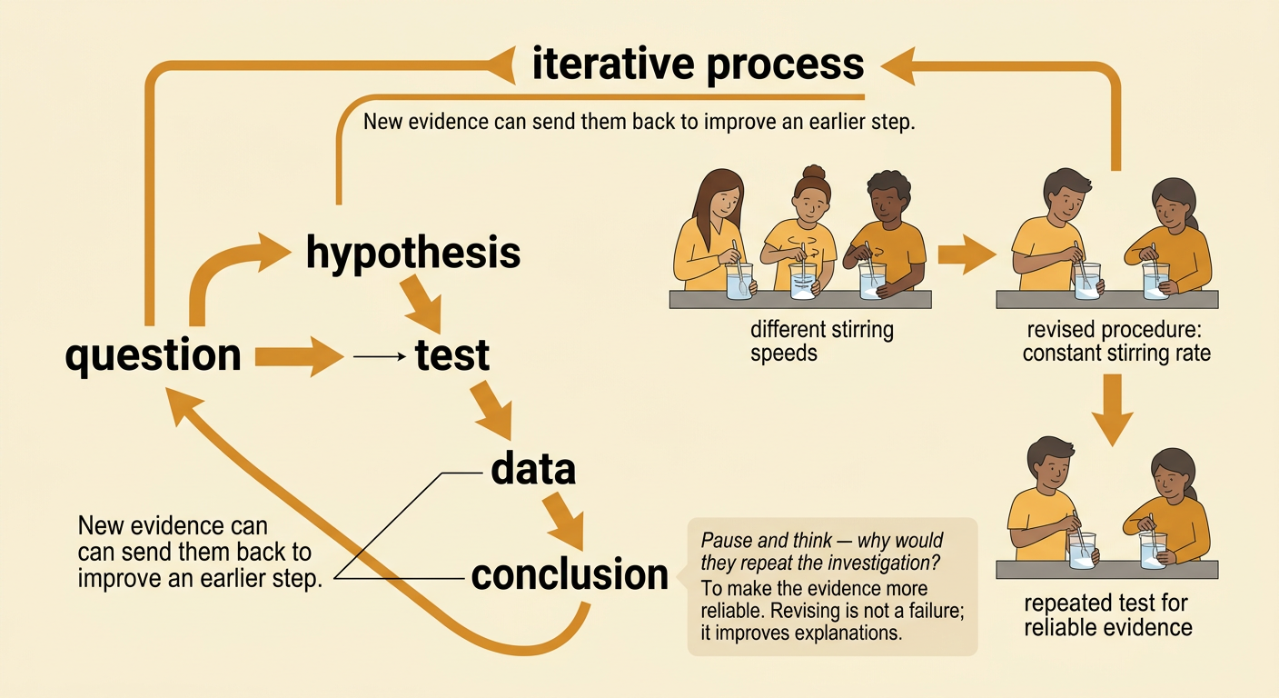 A circular scientific inquiry diagram surrounds students repeating a sugar-dissolving test with a fixed stirring rate.