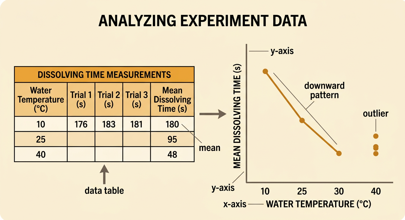 A data table and line graph show mean dissolving time falling from 180 to 95 to 48 seconds as temperature rises.
