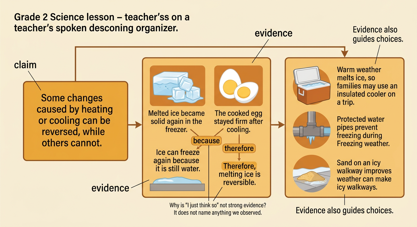 A claim organizer connects a statement about changes to ice and egg evidence and linking words.