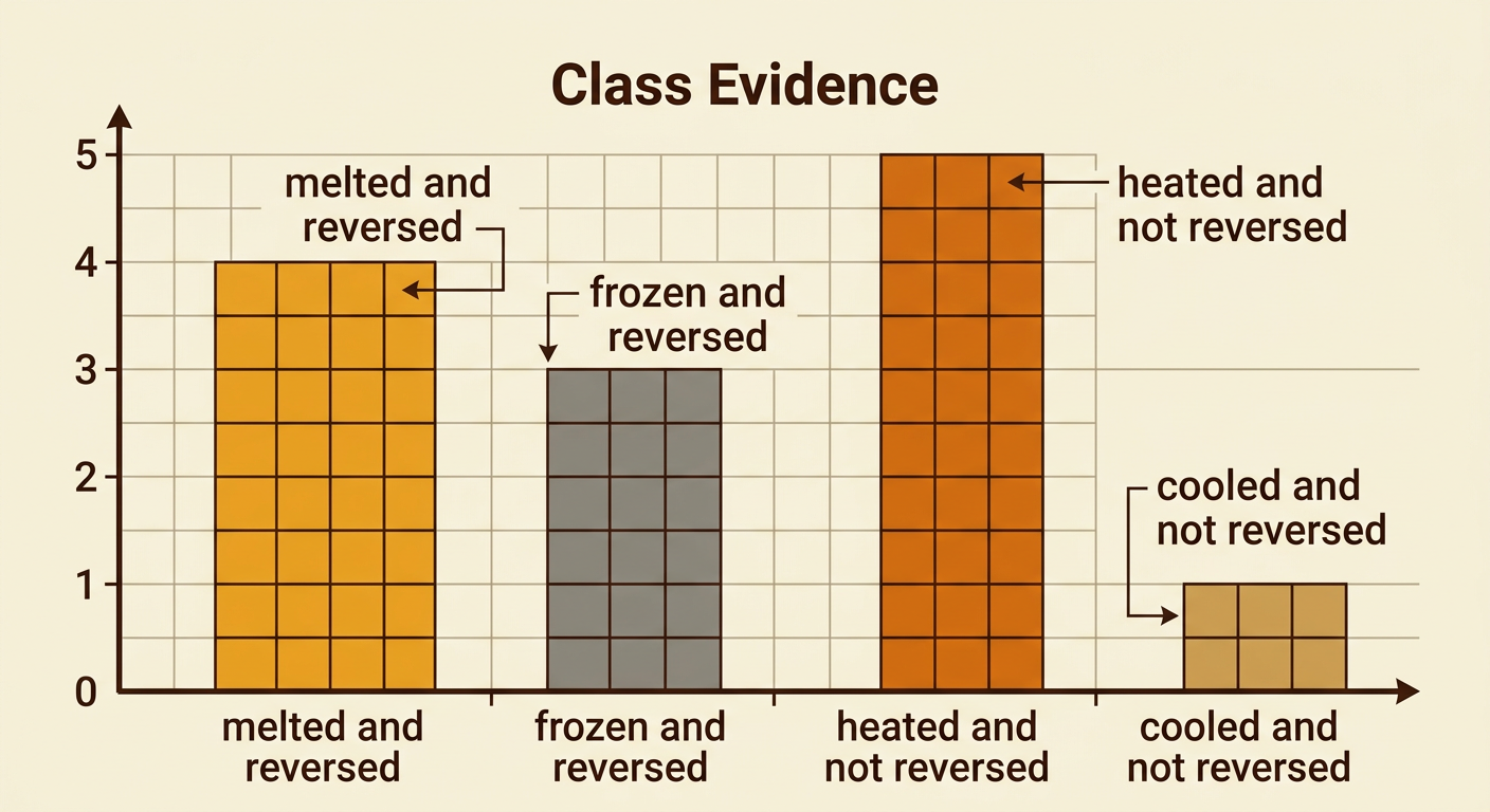 A four-bar class graph shows counts of reversible and nonreversible heating and cooling changes.