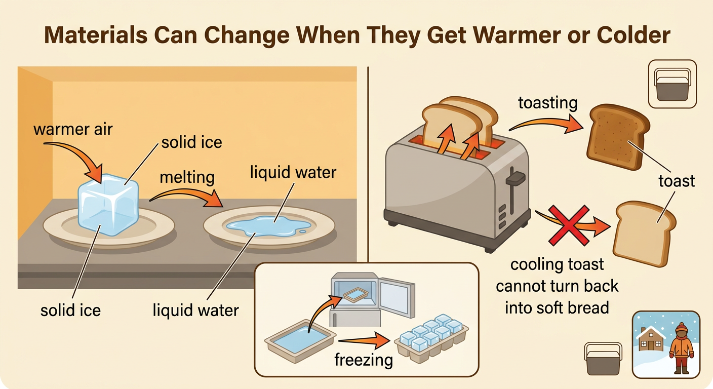 A plate shows ice melting in warm air beside crisp toast and a food cooler.