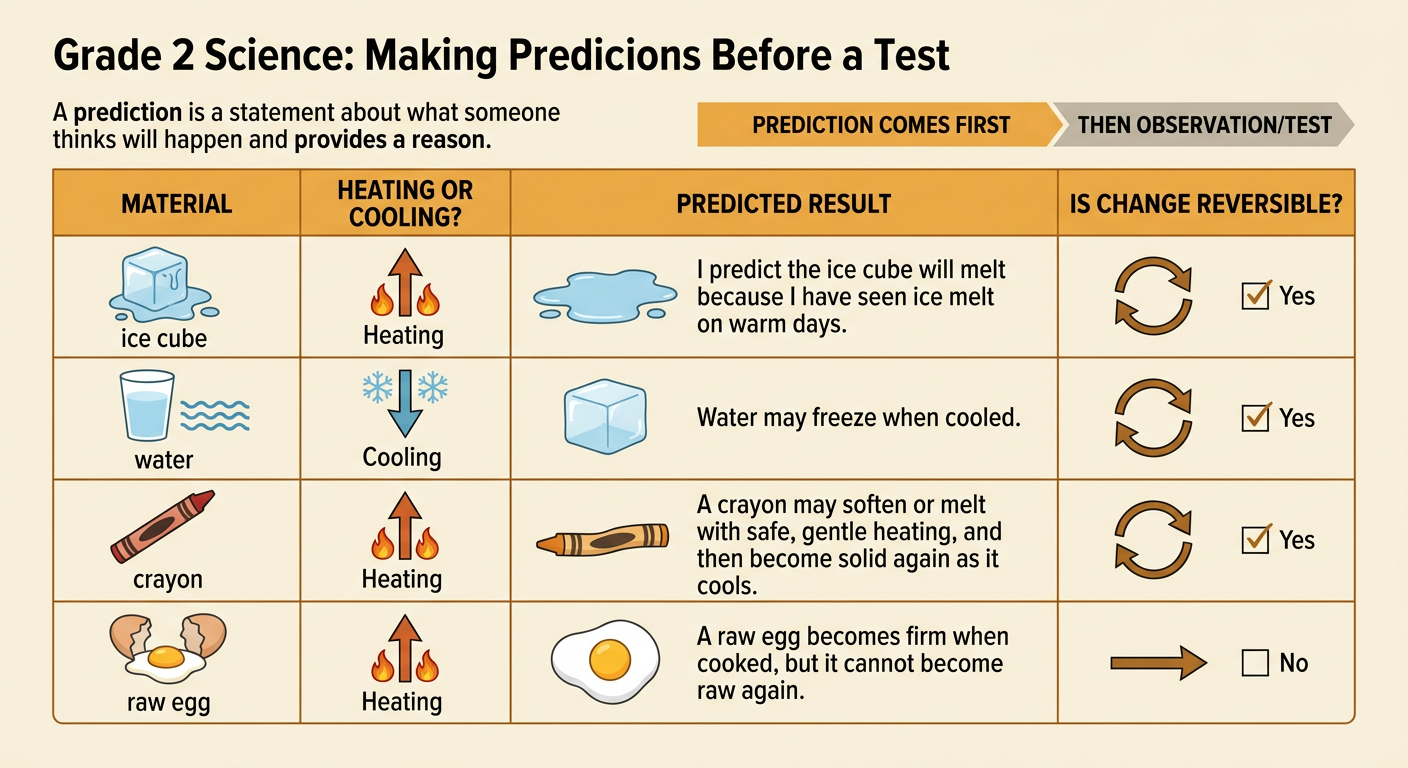 A prediction chart shows an ice cube, crayon, water, and raw egg with expected changes.