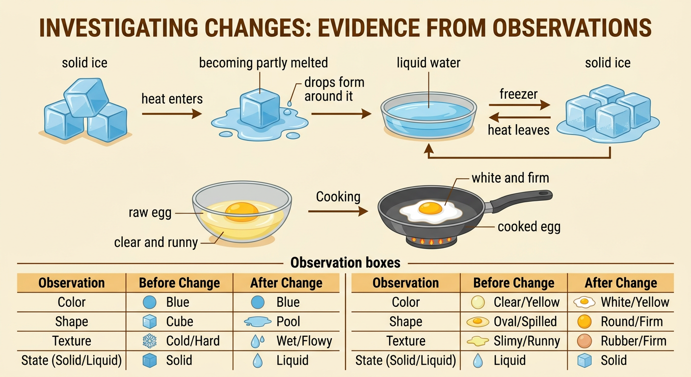 A time-sequence diagram shows ice melting and refreezing beside a raw egg becoming a cooked egg.
