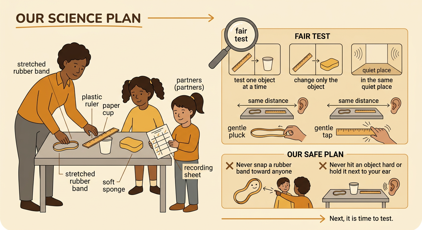 A child and an adult prepare four objects for a fair test in a quiet place.