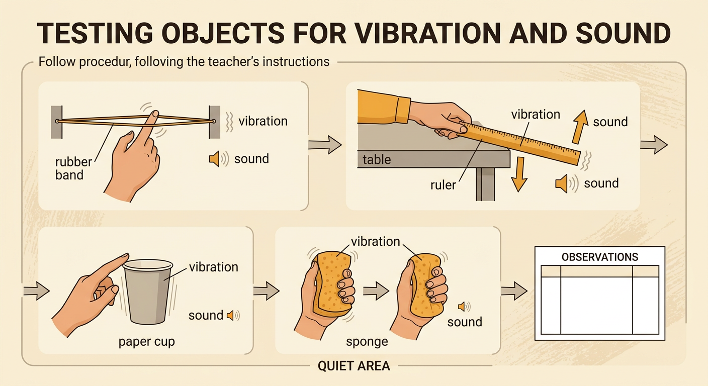 Four objects are tested gently while eyes watch for vibration and ears listen for sound.