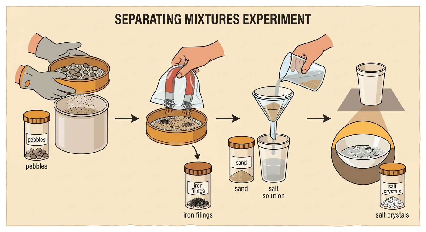 A connected laboratory setup shows all four original materials being collected in separate containers.