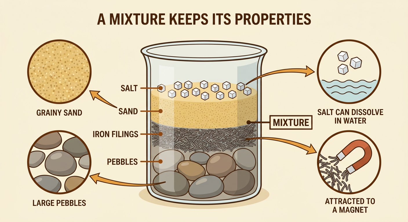 A clear cup shows four visibly different materials combined in one mixture.