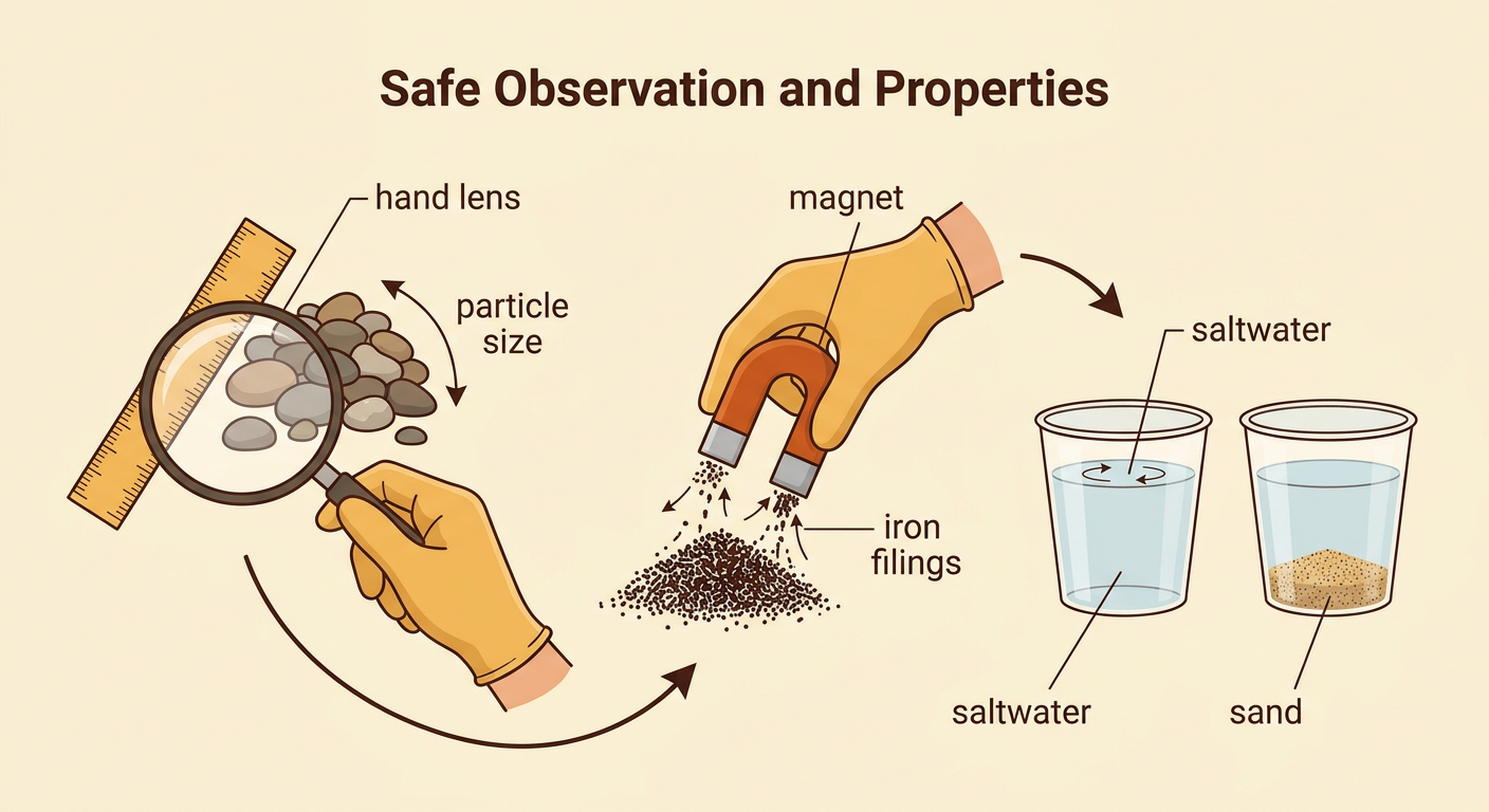 A science work area shows size, magnetism, and solubility tests on the mixture materials.