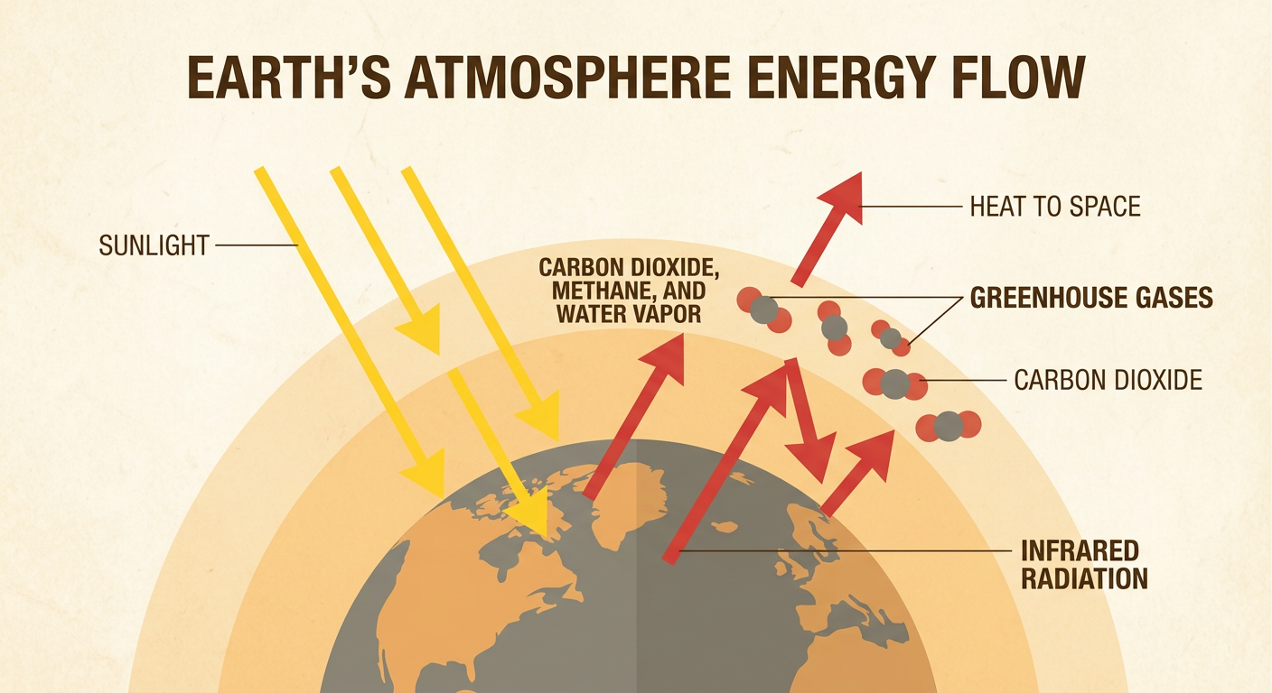 A diagram shows sunlight entering Earth’s atmosphere while greenhouse gases absorb and reemit outgoing infrared radiation.