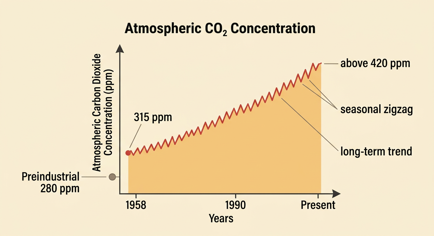 A carbon dioxide graph rises from preindustrial levels through the Mauna Loa record while showing a repeating seasonal pattern.