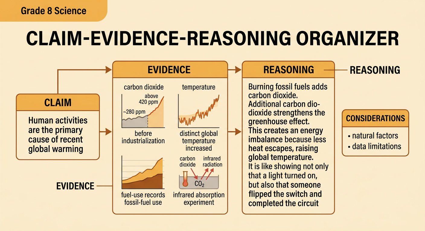 A claim-evidence-reasoning organizer connects human fossil fuel use to rising carbon dioxide, a stronger greenhouse effect, and global warming.
