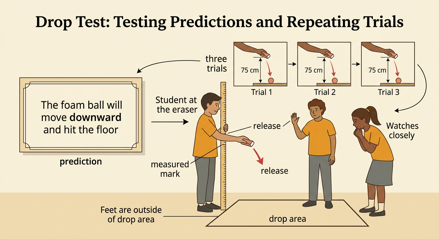Three students predict, release, and observe a foam ball during three safe drop trials.