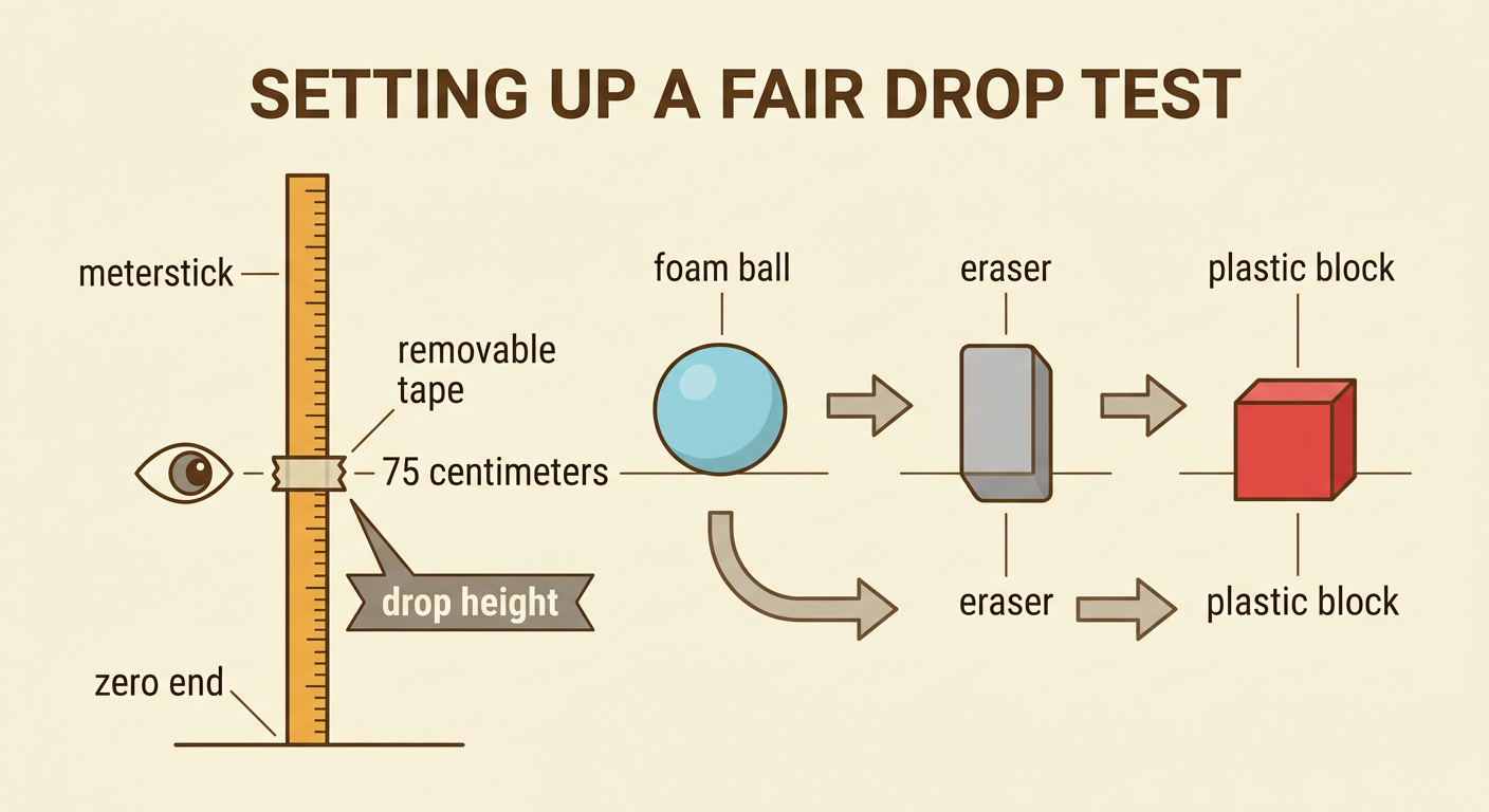 A foam ball, eraser, and plastic block are lined up with tape at 75 centimeters on an upright meterstick.