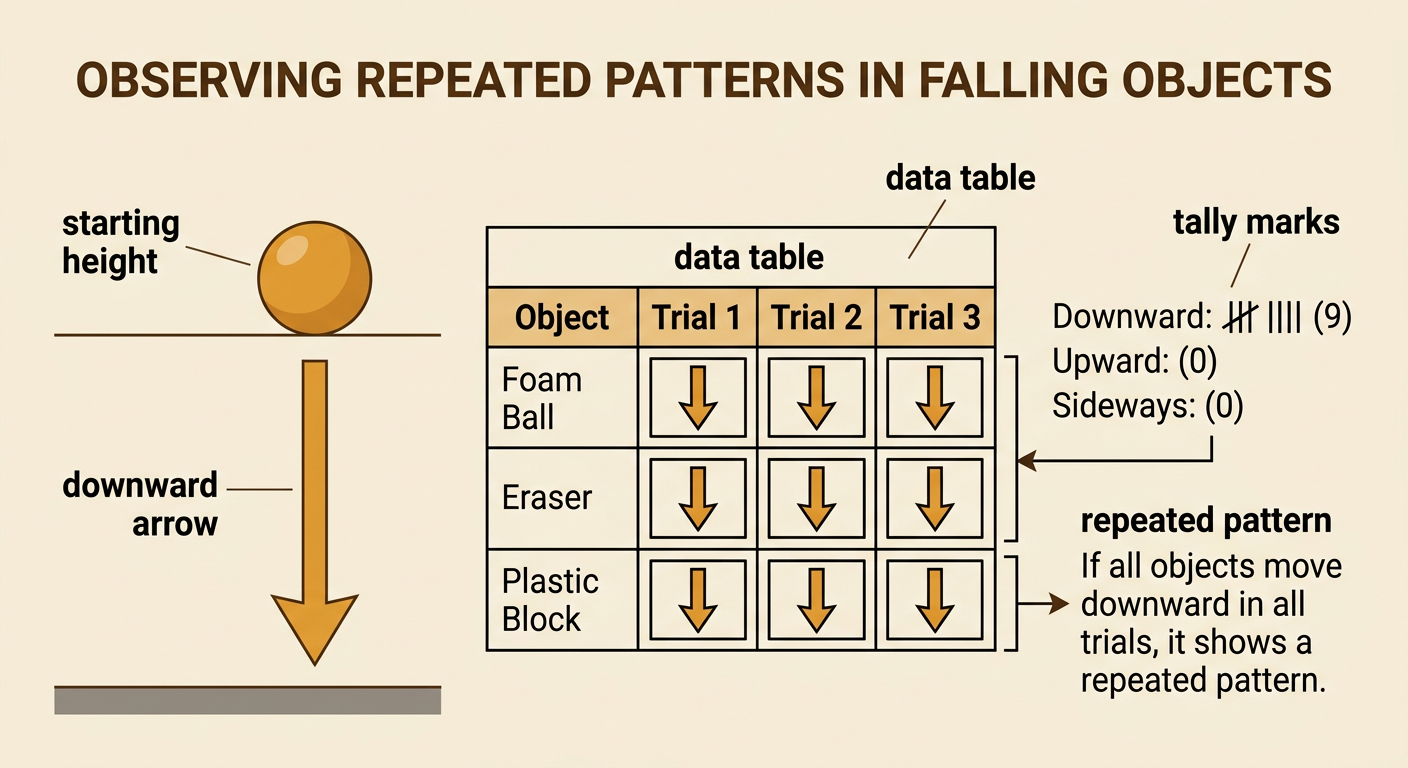 A data table shows downward arrows and nine tally marks beside observations of falling objects.