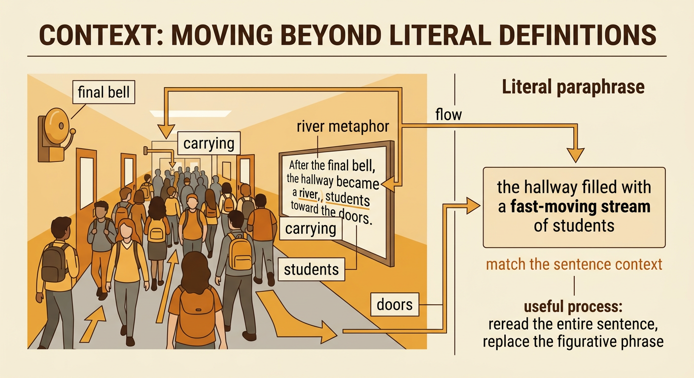 A crowded school hallway resembles a flowing river as students move rapidly toward the exit doors.