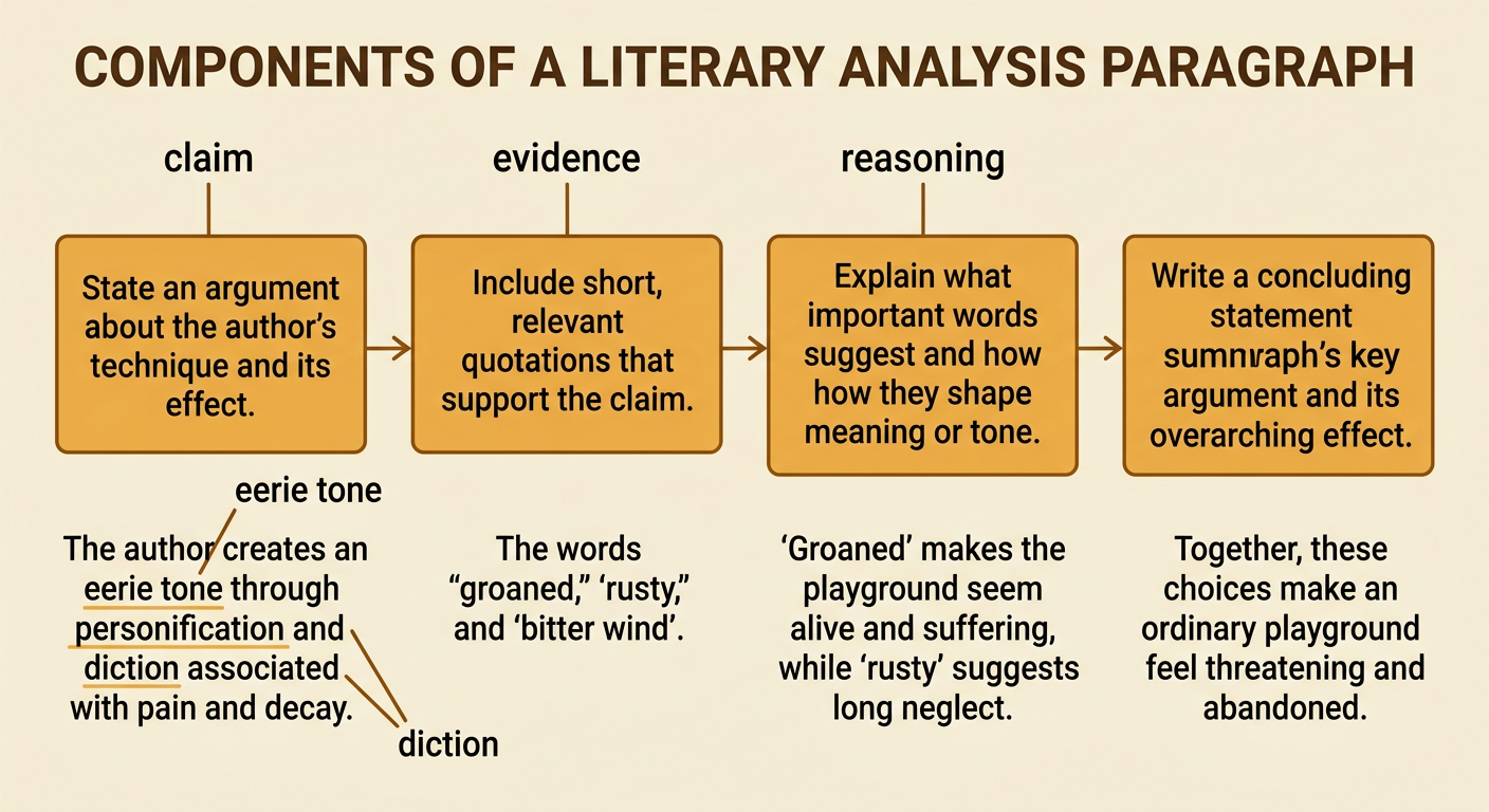 A three-part analysis diagram connects a claim to quoted evidence and then to reasoning about an eerie playground.