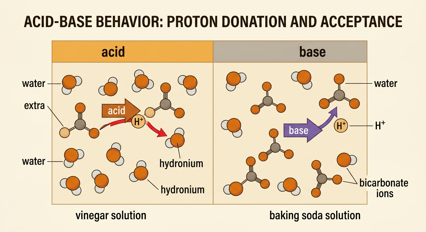 A particle diagram shows an acid donating H+ to water and a base accepting H+, with hydronium and hydroxide ions visible.