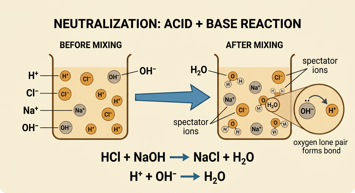 A before-and-after particle model shows H+ and OH− forming H2O while Na+ and Cl− remain unchanged.