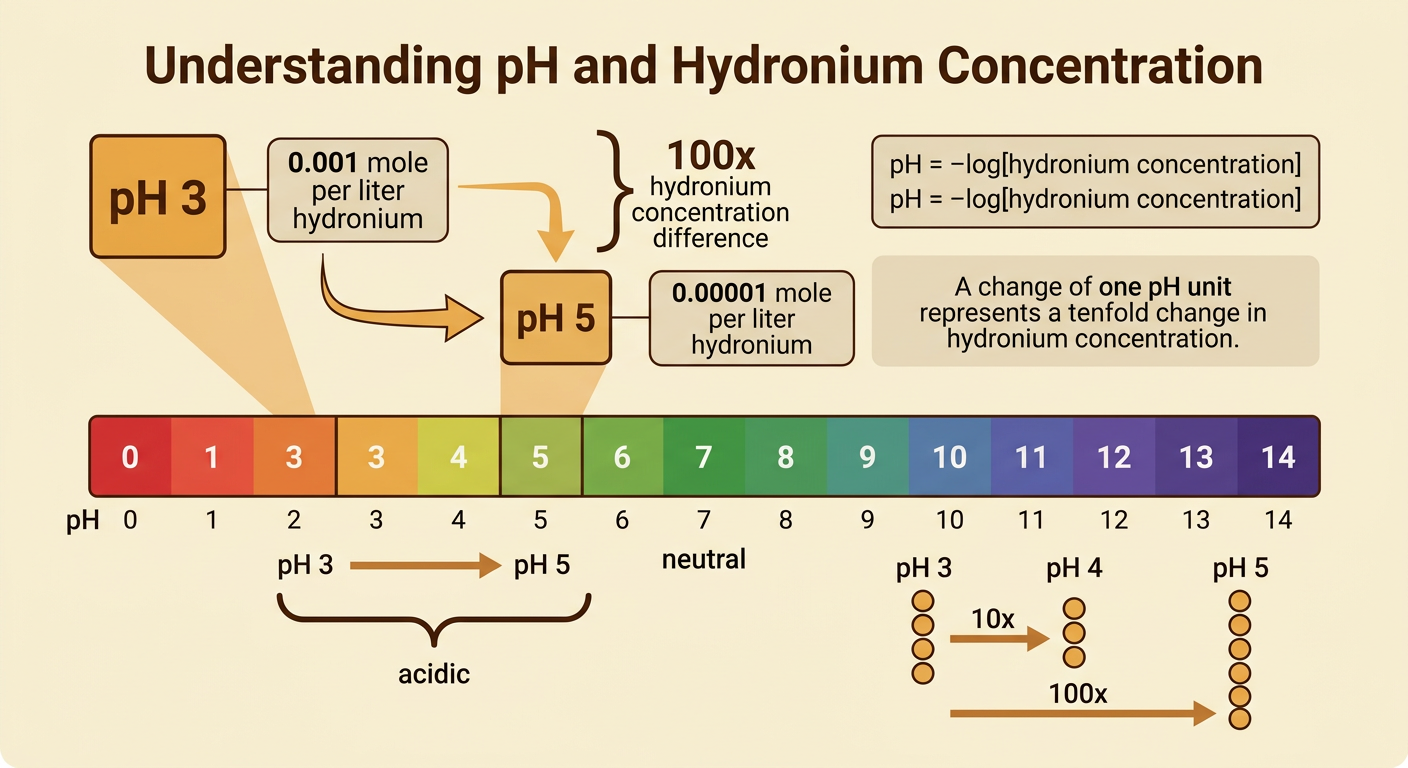 A color pH scale compares hydronium concentration at pH 3, pH 4, pH 5, and neutral pH 7.