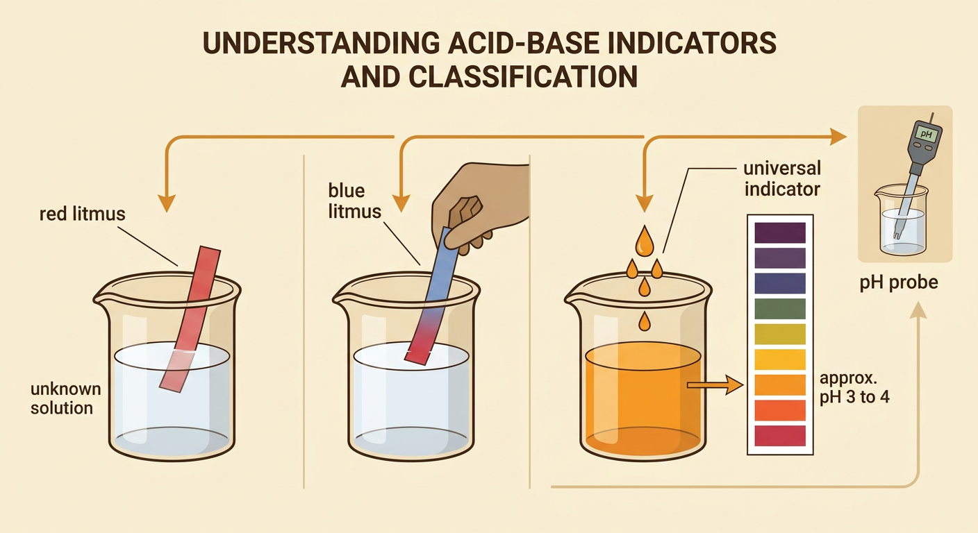 An unknown solution changes blue litmus to red and universal indicator to orange beside a calibrated pH probe.
